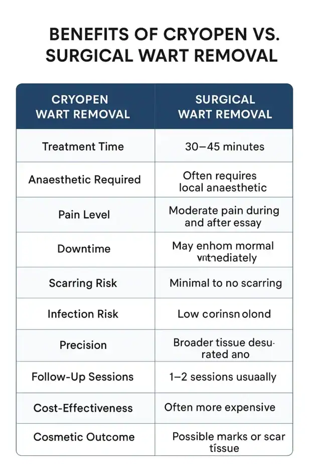 Table showing the benefits of cryopen to remove warts Nottingham compared to surgical treatment